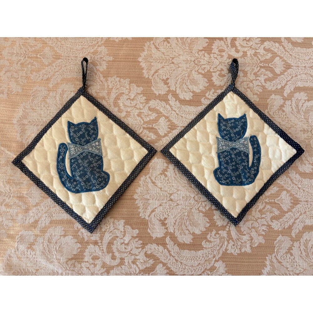 Vtg Quilted Cat Kitty Pot Holders Set Of 2 Kitchen Kitsch Cottagecore Blue